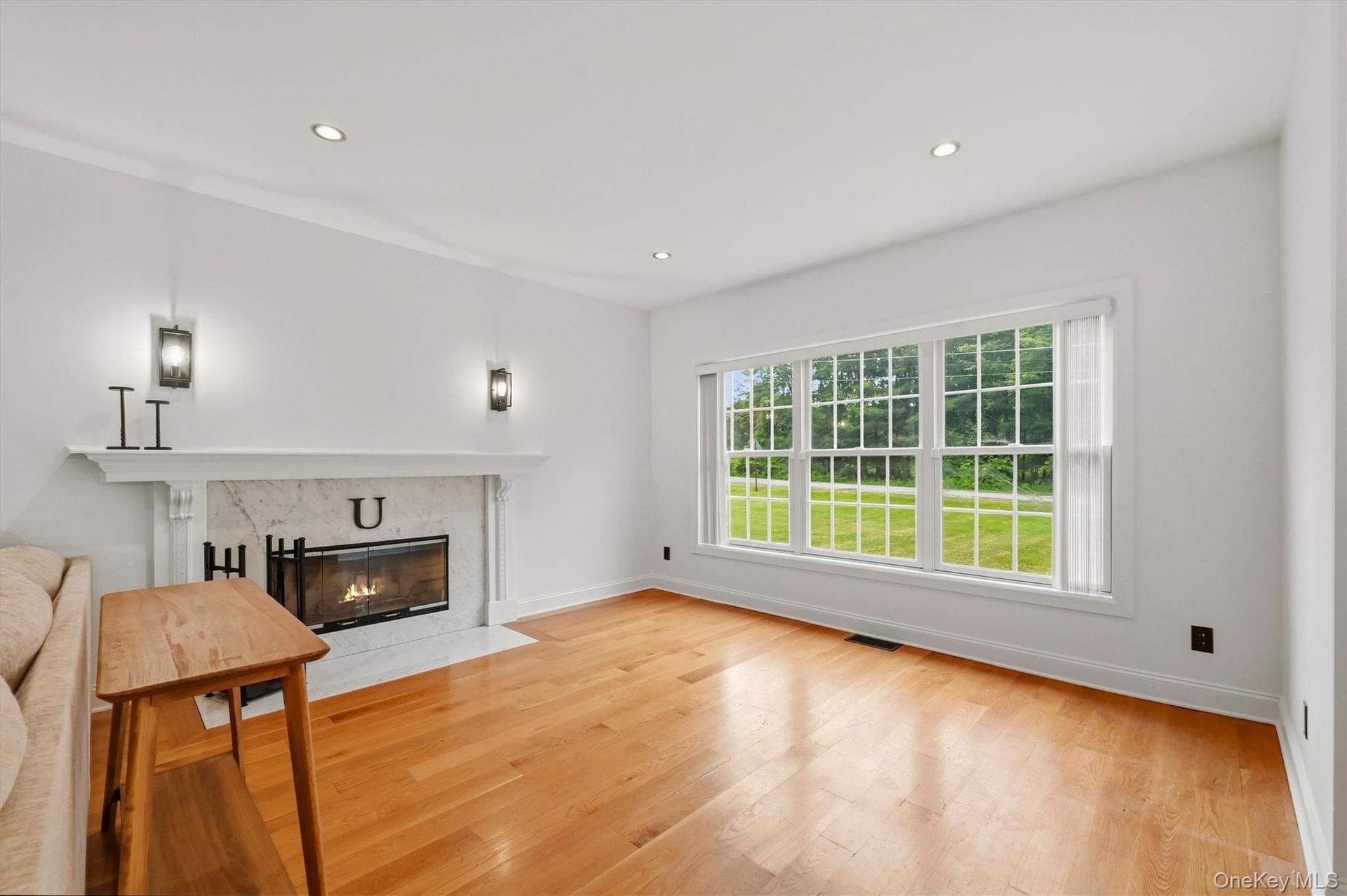 Carrera marble tiled wood-burning fireplace, Anderson windows and 9 foot ceilings.