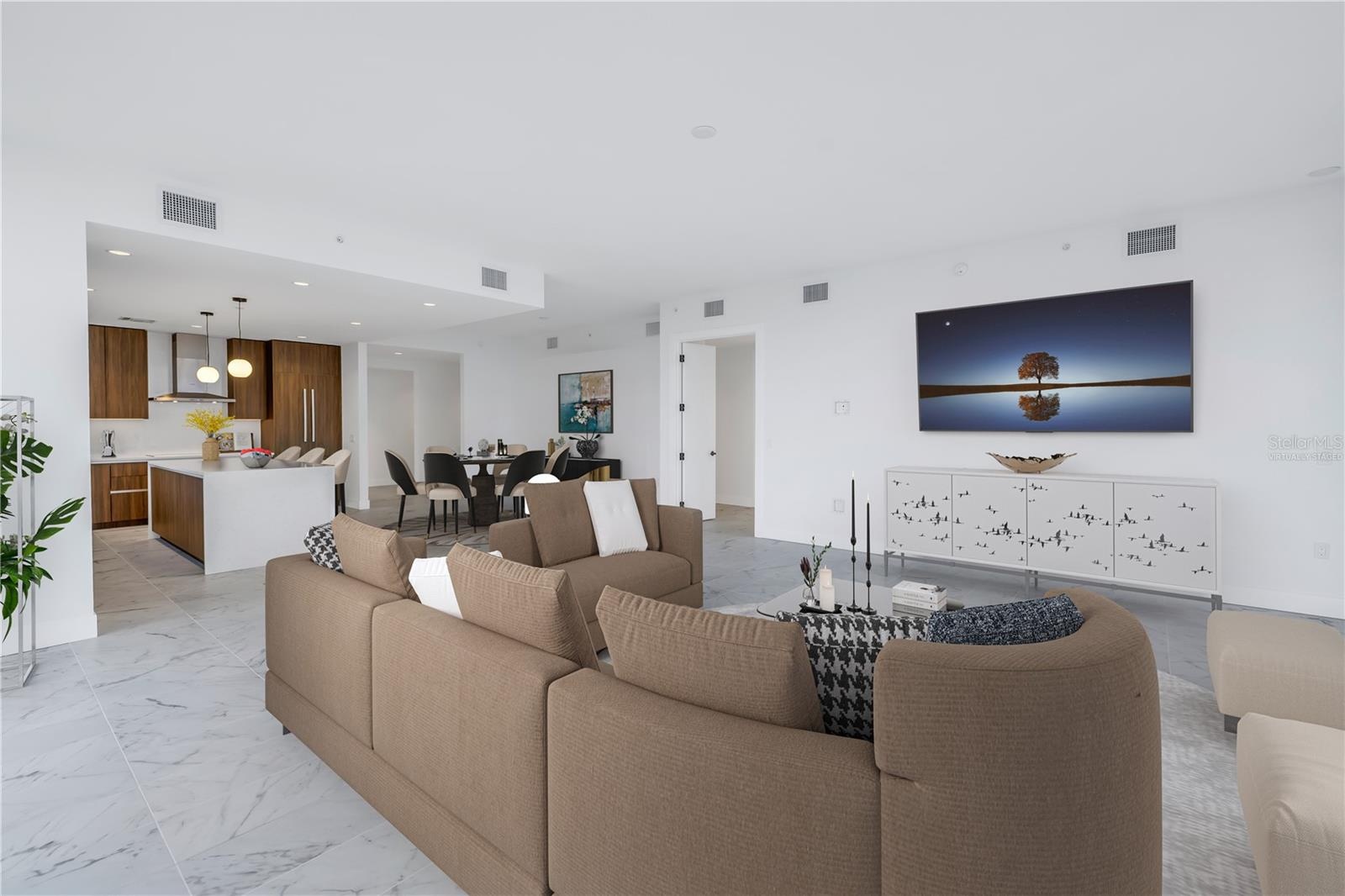 virtually staged living room, kitchen , dining