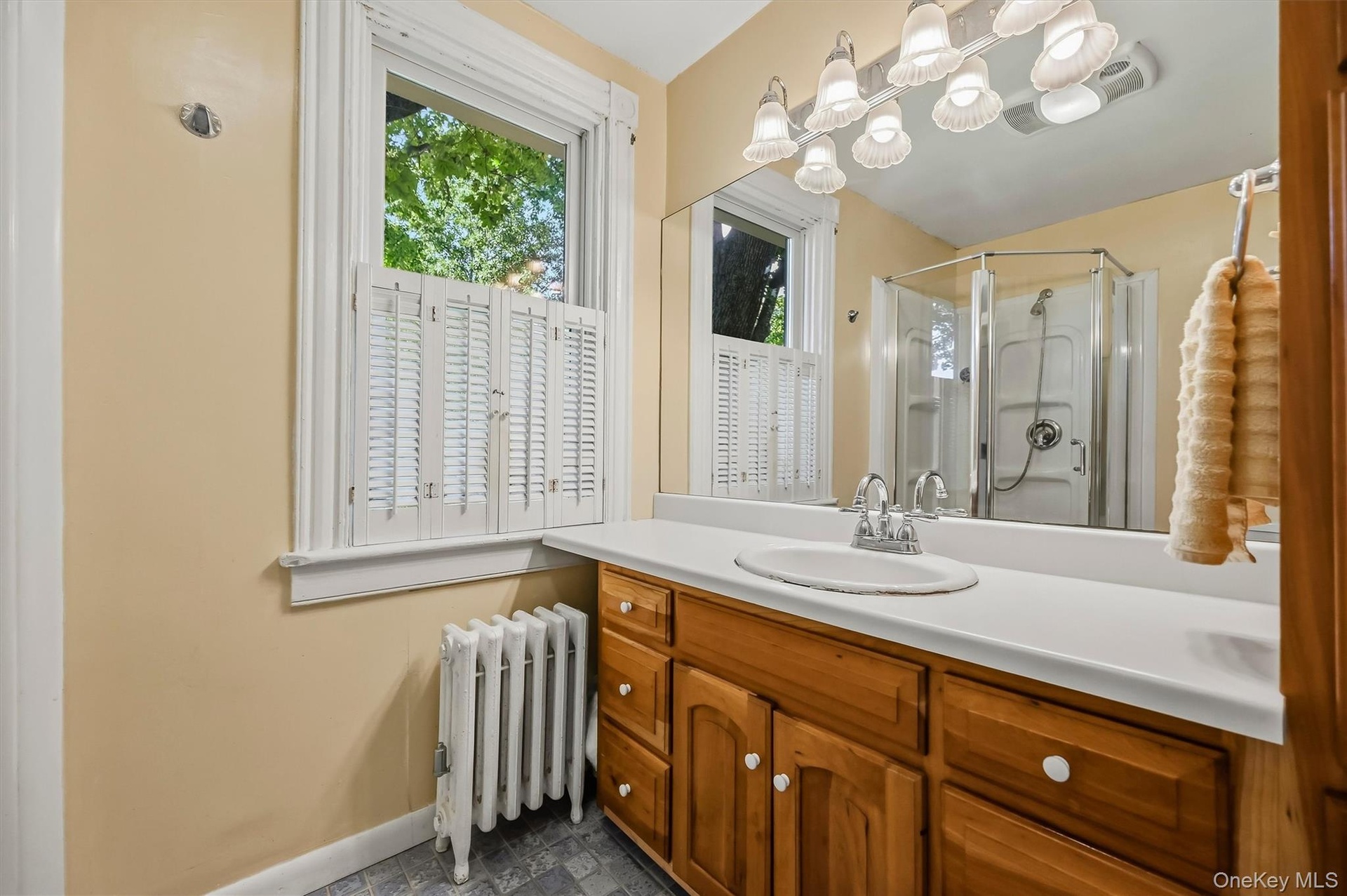 Full bath with wood vanity, large mirror, and walk-in shower