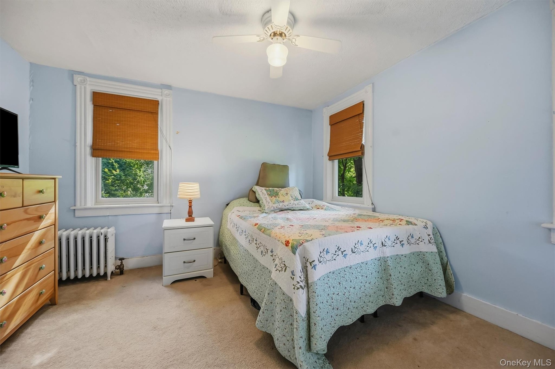 Bright bedroom with multiple windows, ceiling fan, and classic trim
