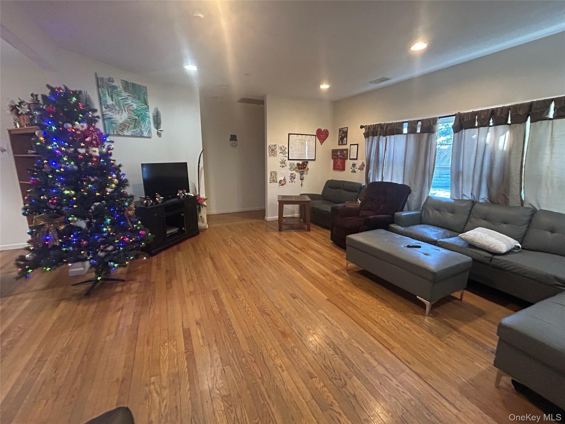 Living room with hardwood / wood-style floors and recessed lighting