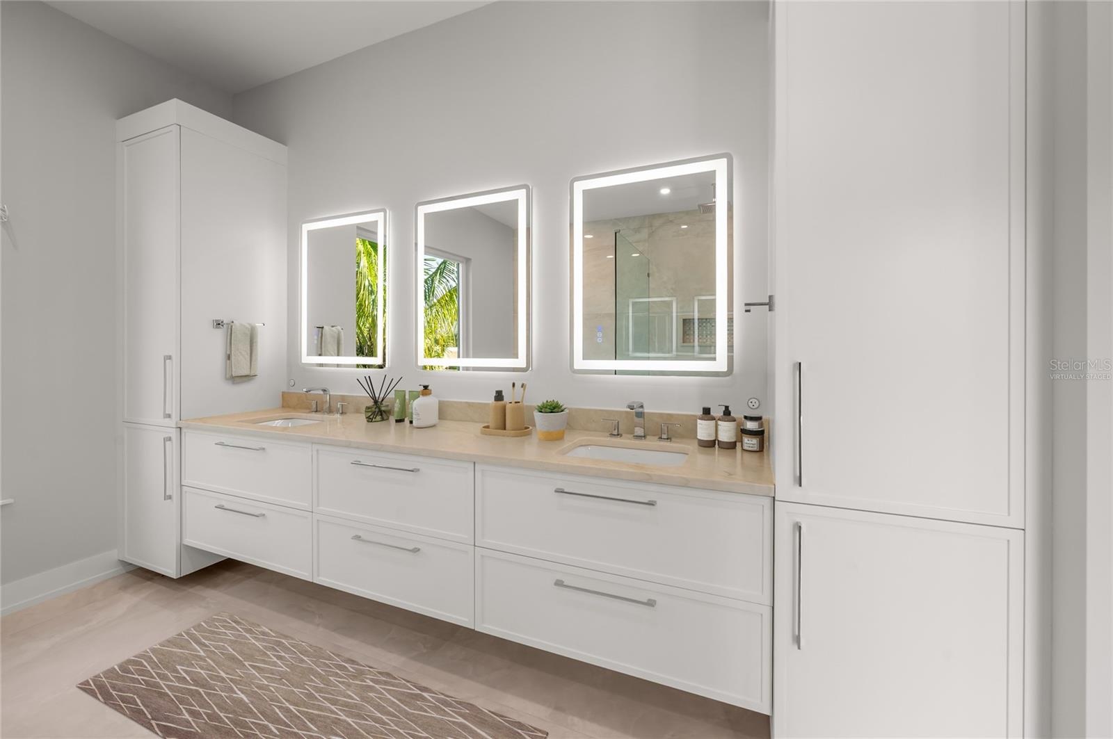 Virtually staged primary bath designed as a serene, spa-inspired retreat with luxurious finishes.