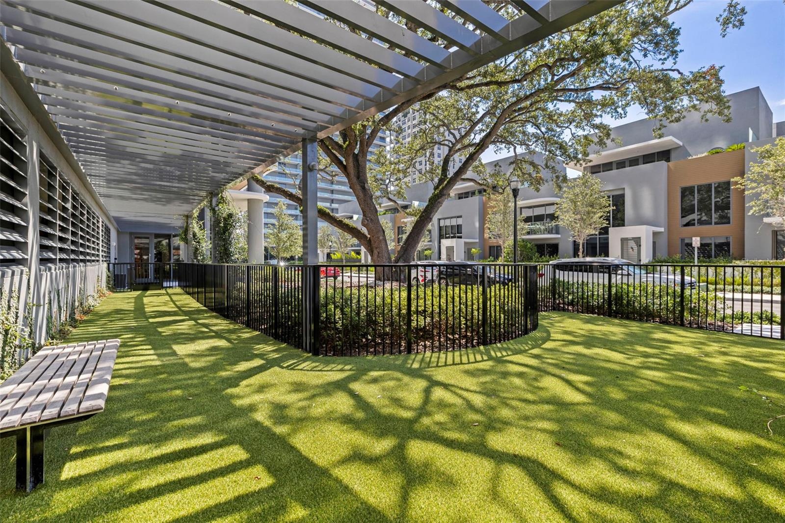 A shaded outdoor retreat for our four-legged friends.