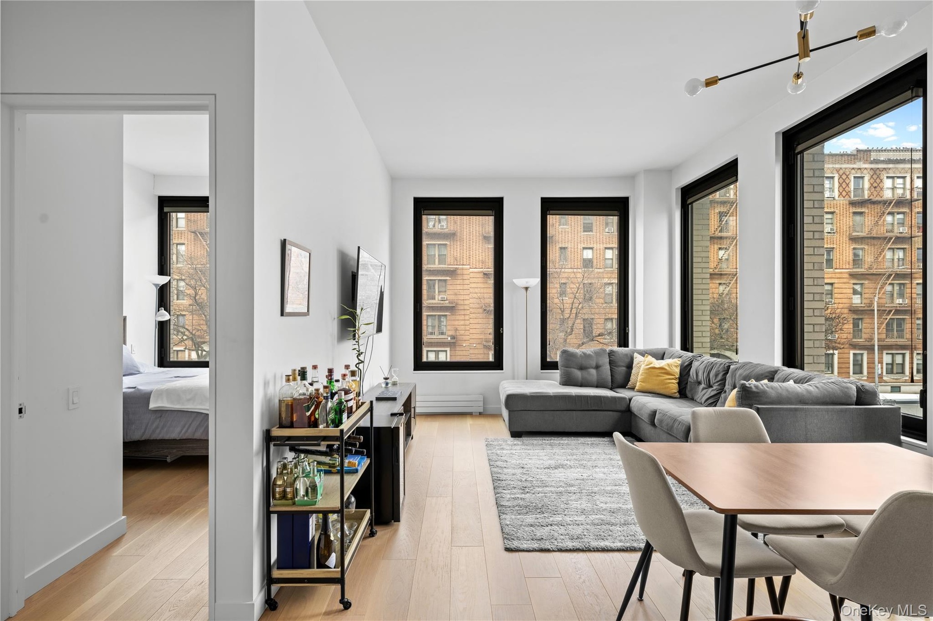 Living room with light wood-style floors, plenty of natural light, and a baseboard heating unit