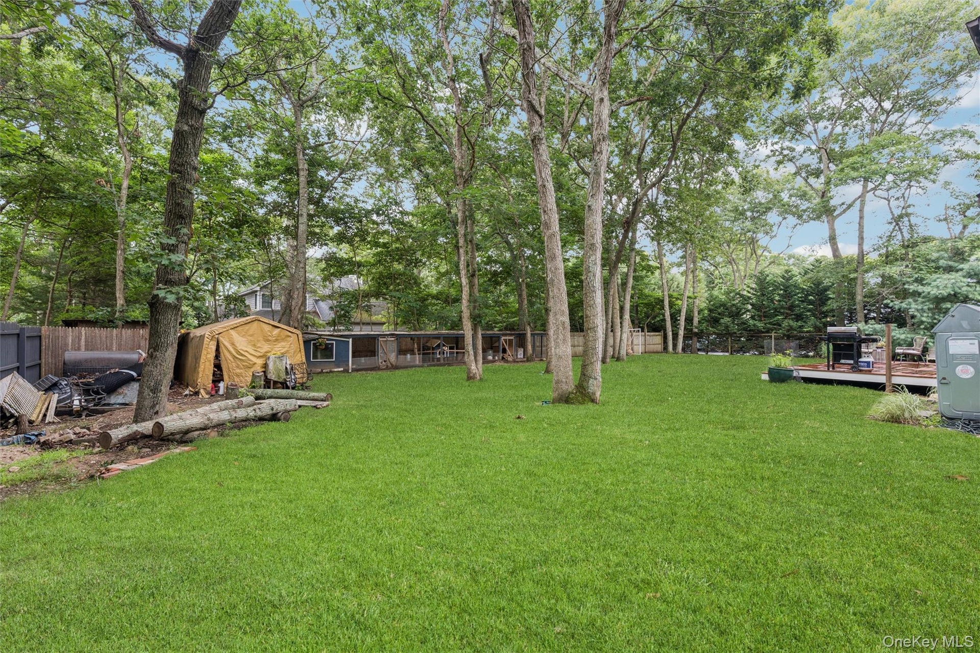Expansive backyard featuring a manicured lawn, mature trees, and a wooden deck