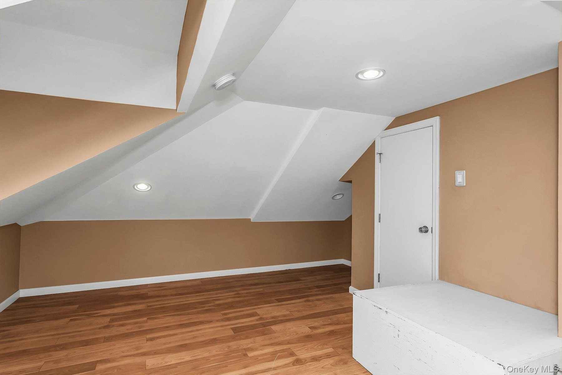 Bonus Room featuring wood-finish flooring, recessed lighting, neutral wall tones, and an interior door