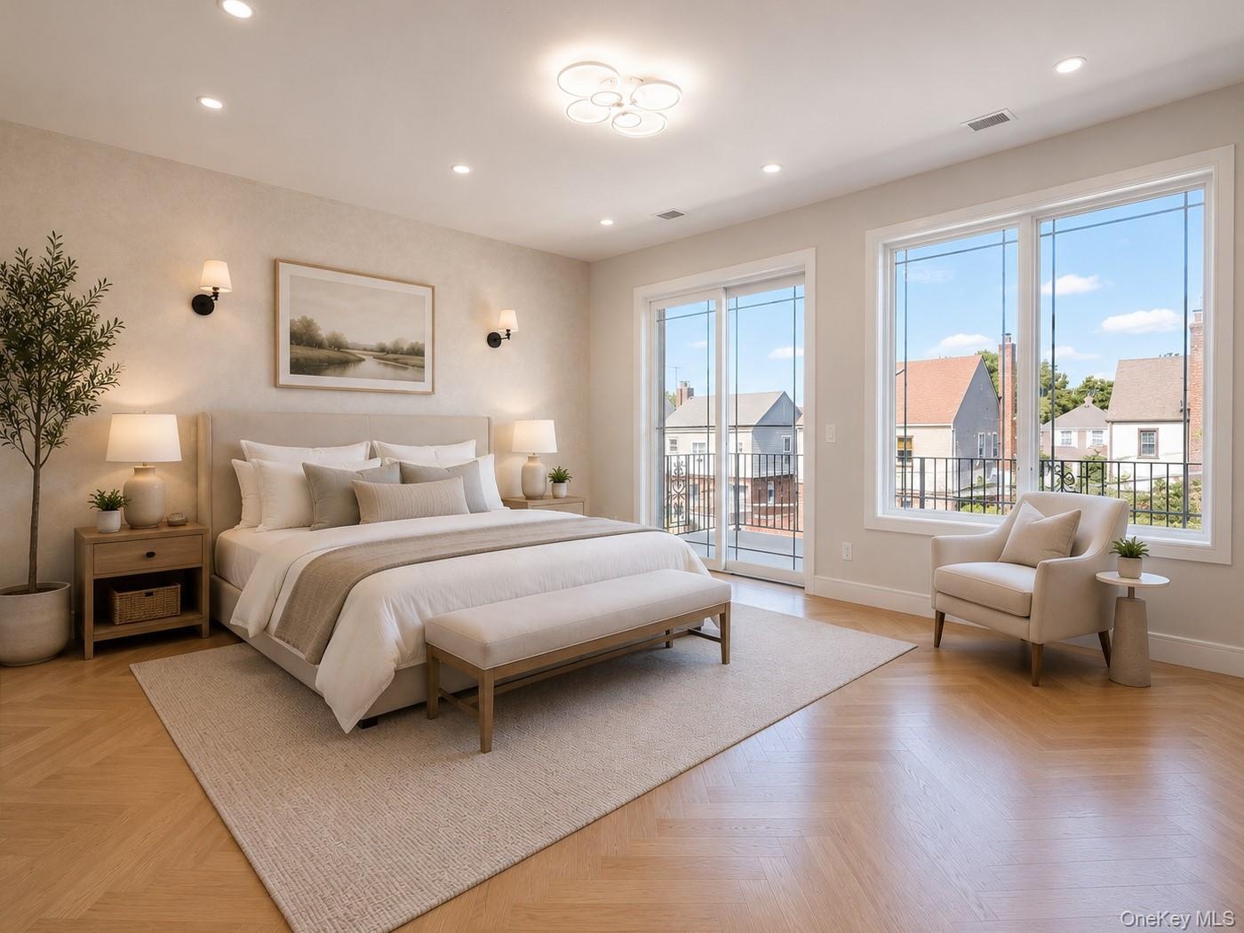 Wood-finish flooring, recessed lighting, ceiling-mounted light fixture, large windows, and a sliding glass door to an exterior balcony