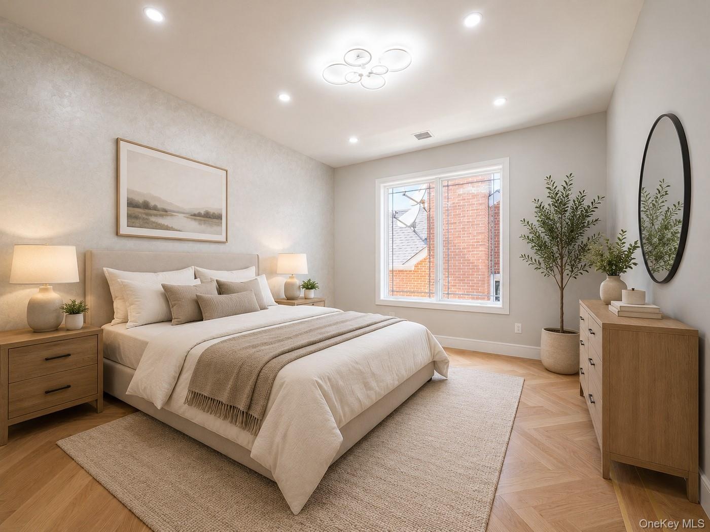 Recessed lighting, contemporary ceiling light fixture, wood-finish flooring with a herringbone pattern, large window, and light-toned walls