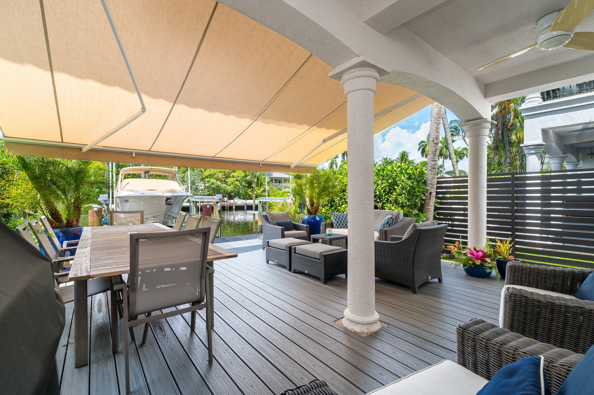 retractable awning spanning the whole patio