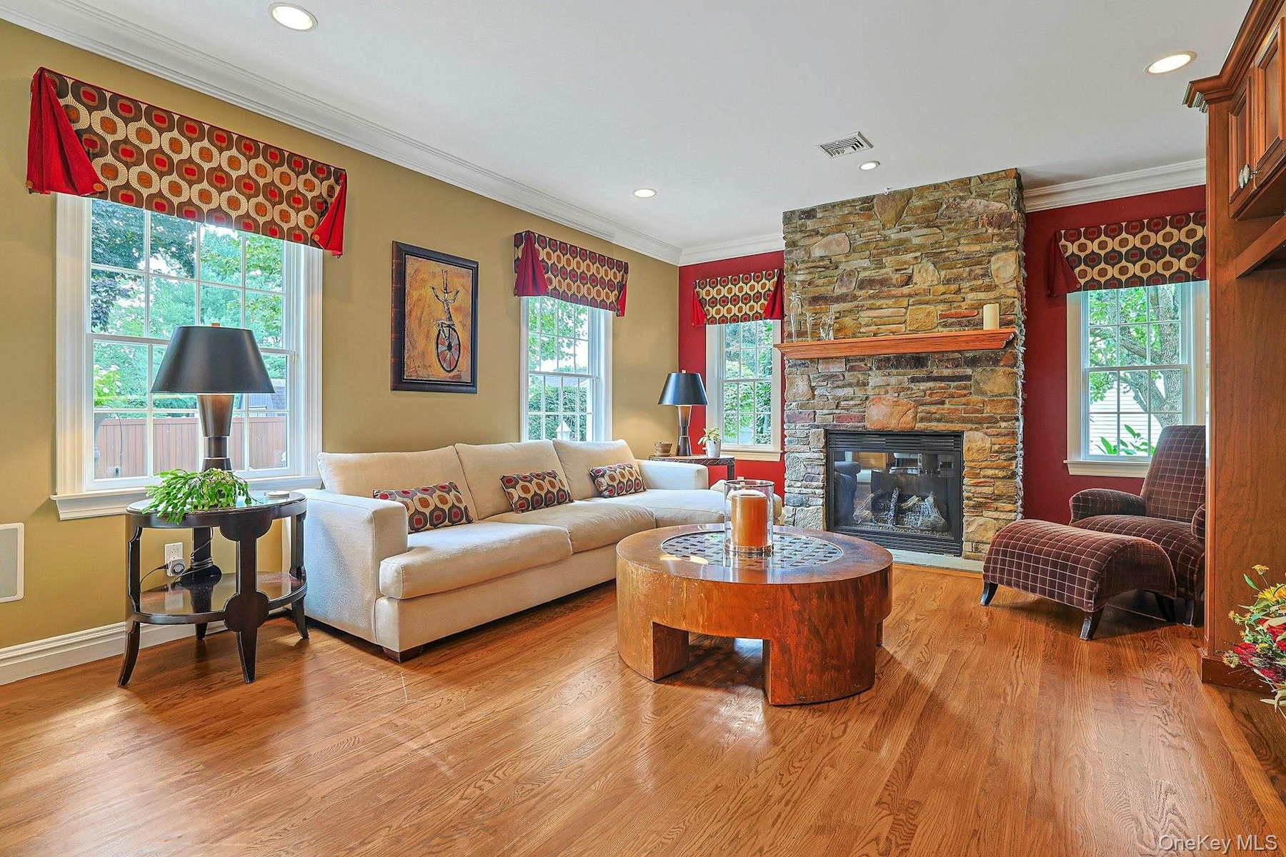 Gas-Burning Stone Fireplace, Recessed Lighting, Built-in Speakers
