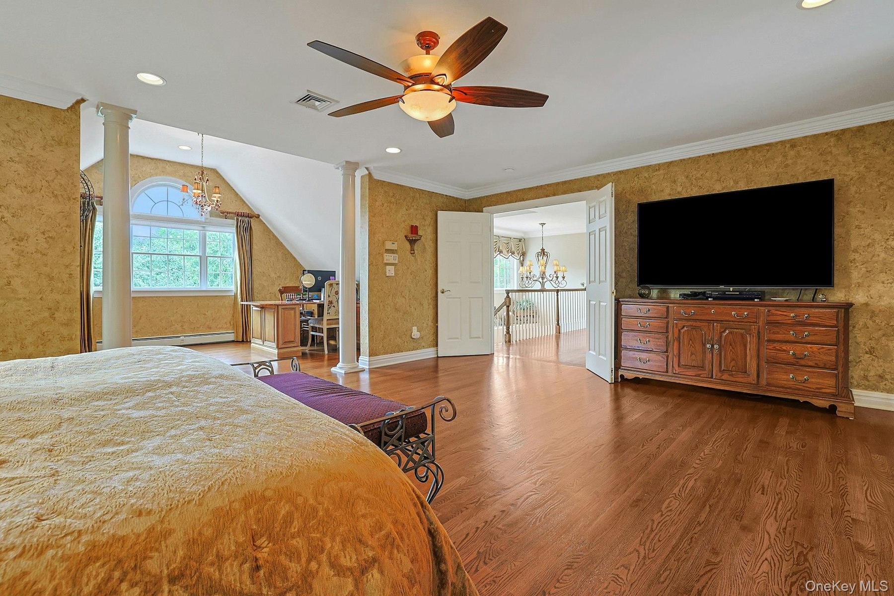 Elegant Double Door Entry, Enlarged Crown Moulding, Columns, Ceiling Fan, Art Lighting