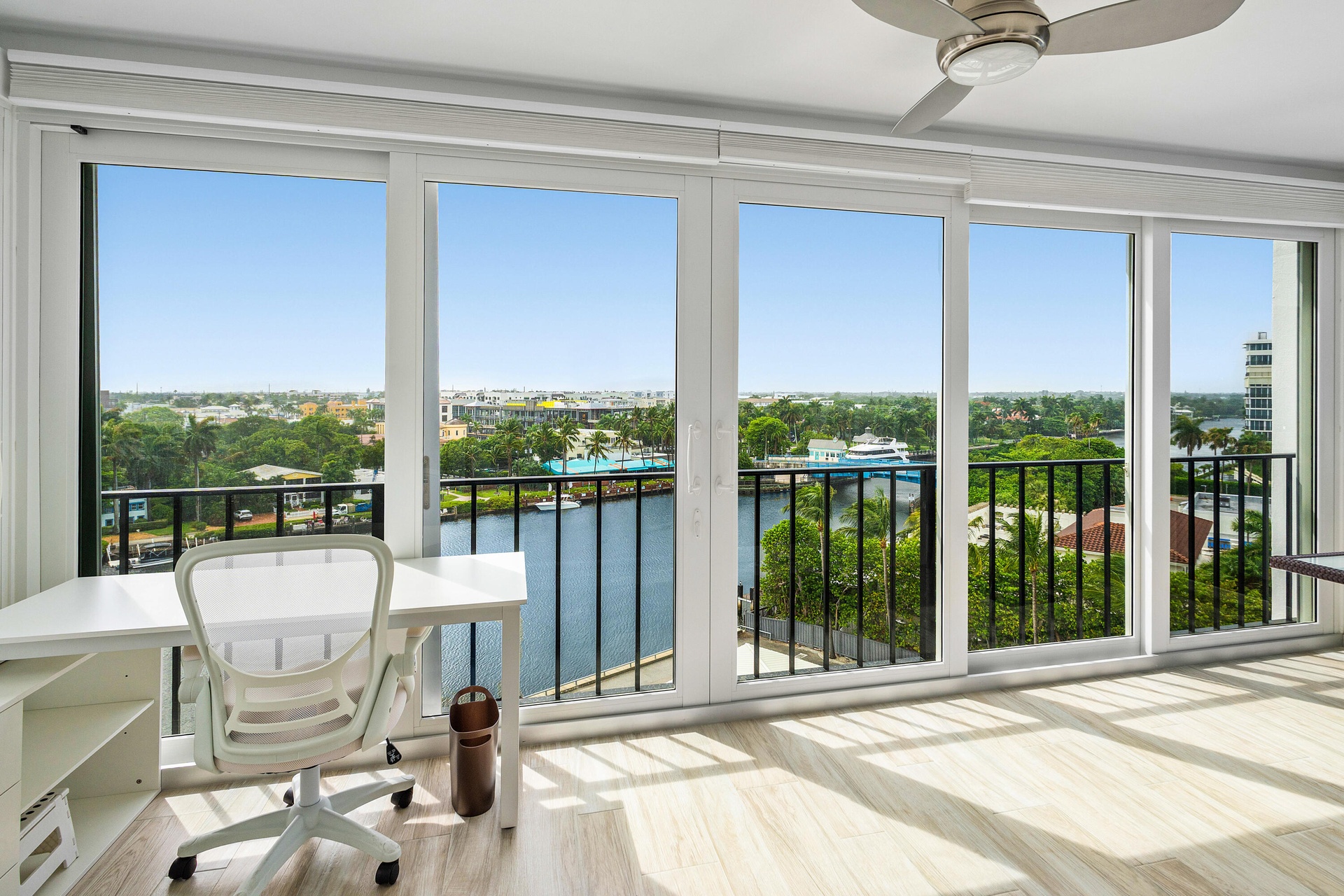 Spacious high impact glass enclosed balcony on the 8th floor with expansive Intracoastal waterway views.
