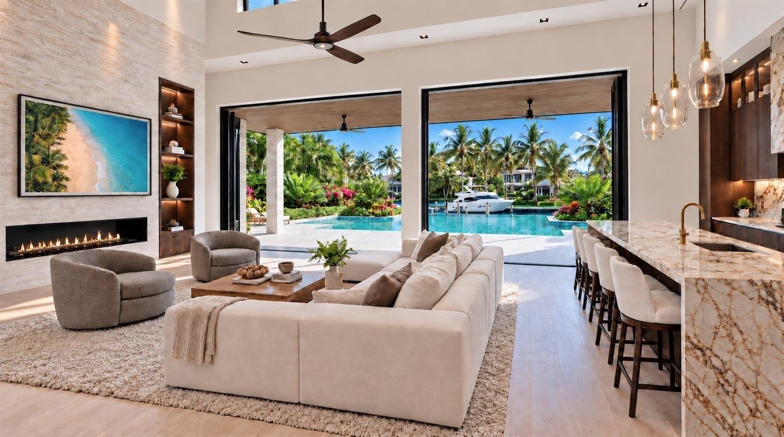 Living room and kitchen, with canal view. Virtually staged.
