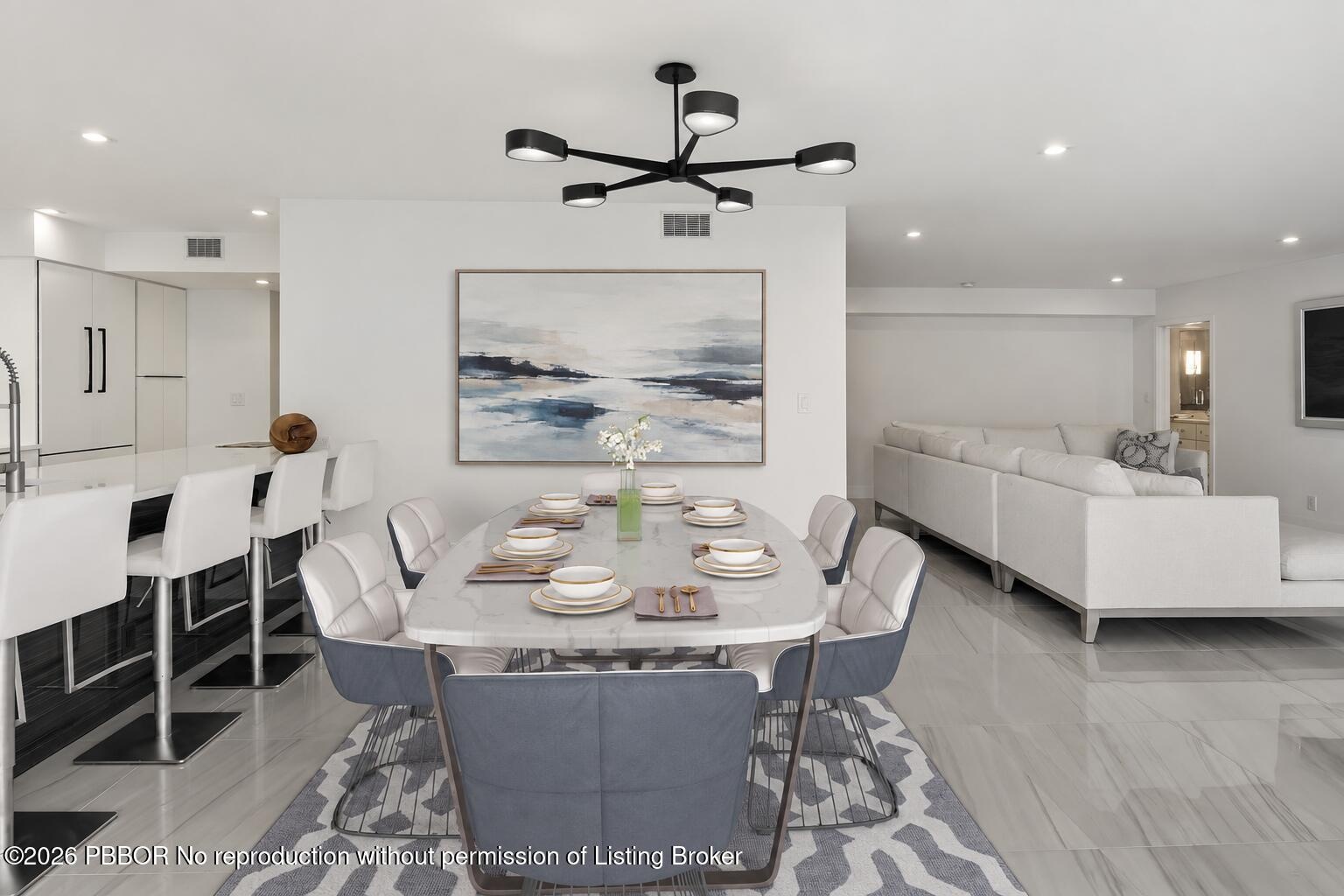 Kitchen to dining area to living room