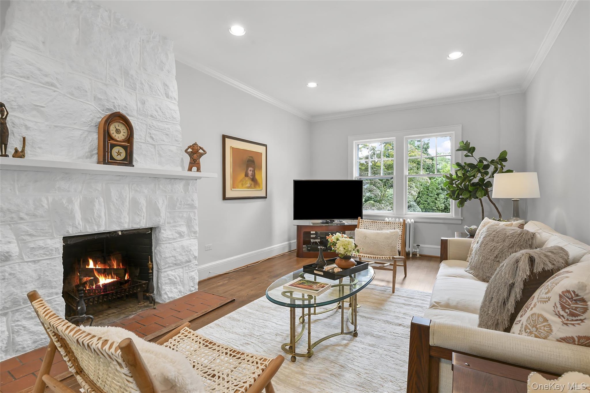 Living room fireplace is wood burning.