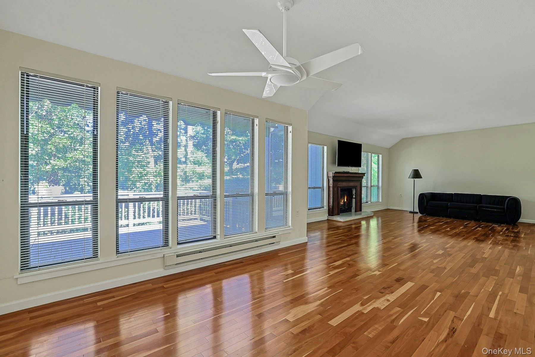 Living room with wood buring fireplace