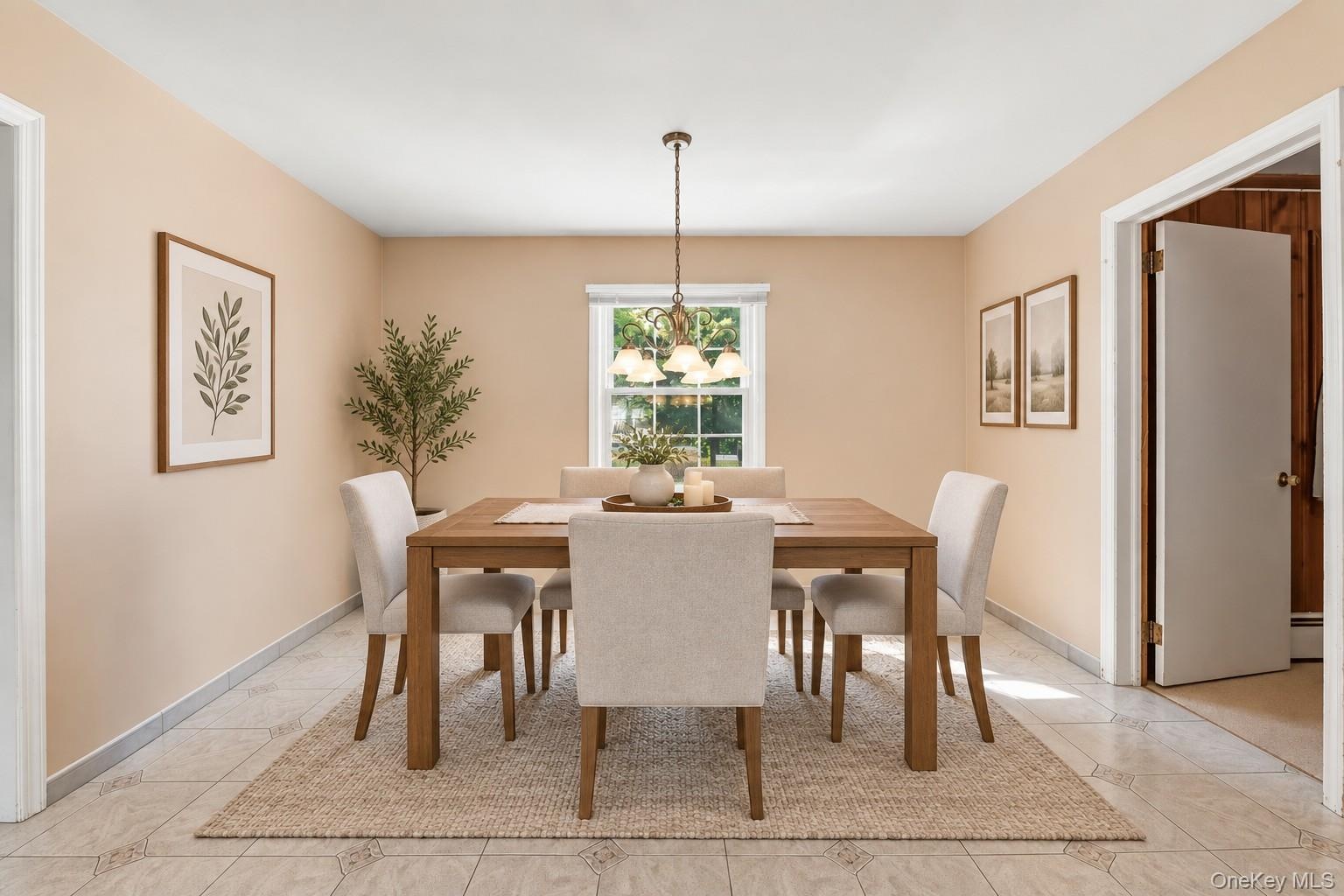 **Virtually Staged** Recessed window with exterior views, overhead chandelier, and light-toned tile flooring