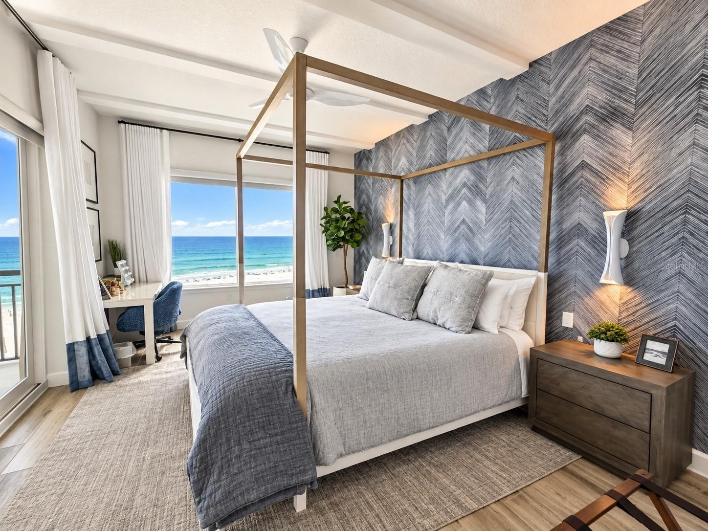 PRIMARY BEDROOM DIRECT OCEAN VIEW ACCESS GLASS SLIDER TO BALCONYKING SIZE BEDENSUITE BATHDESKTV