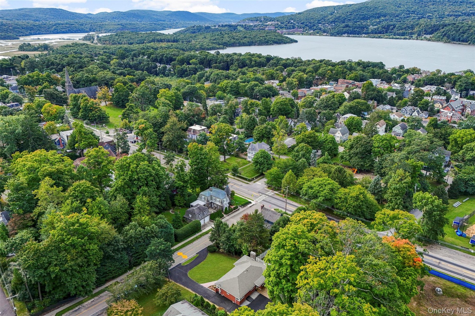View of the house, the village of Cold Spring, the Hudson River and the Hudson Highlands from the air
