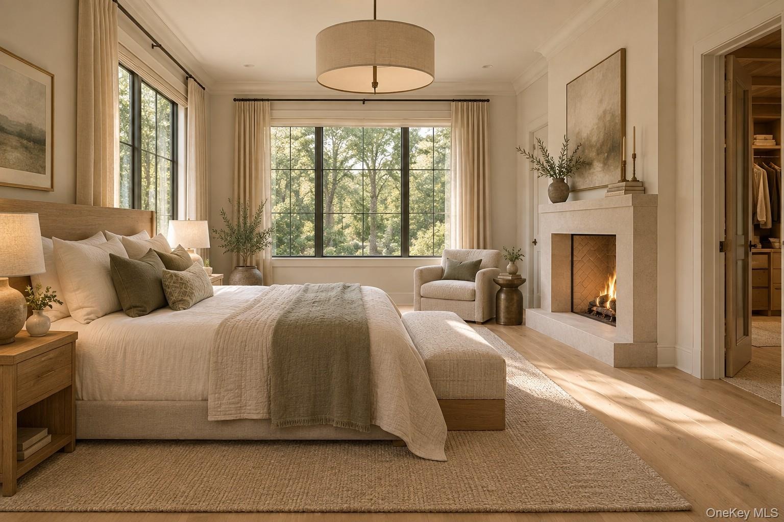 Primary Bedroom with plenty of natural light and fireplace.