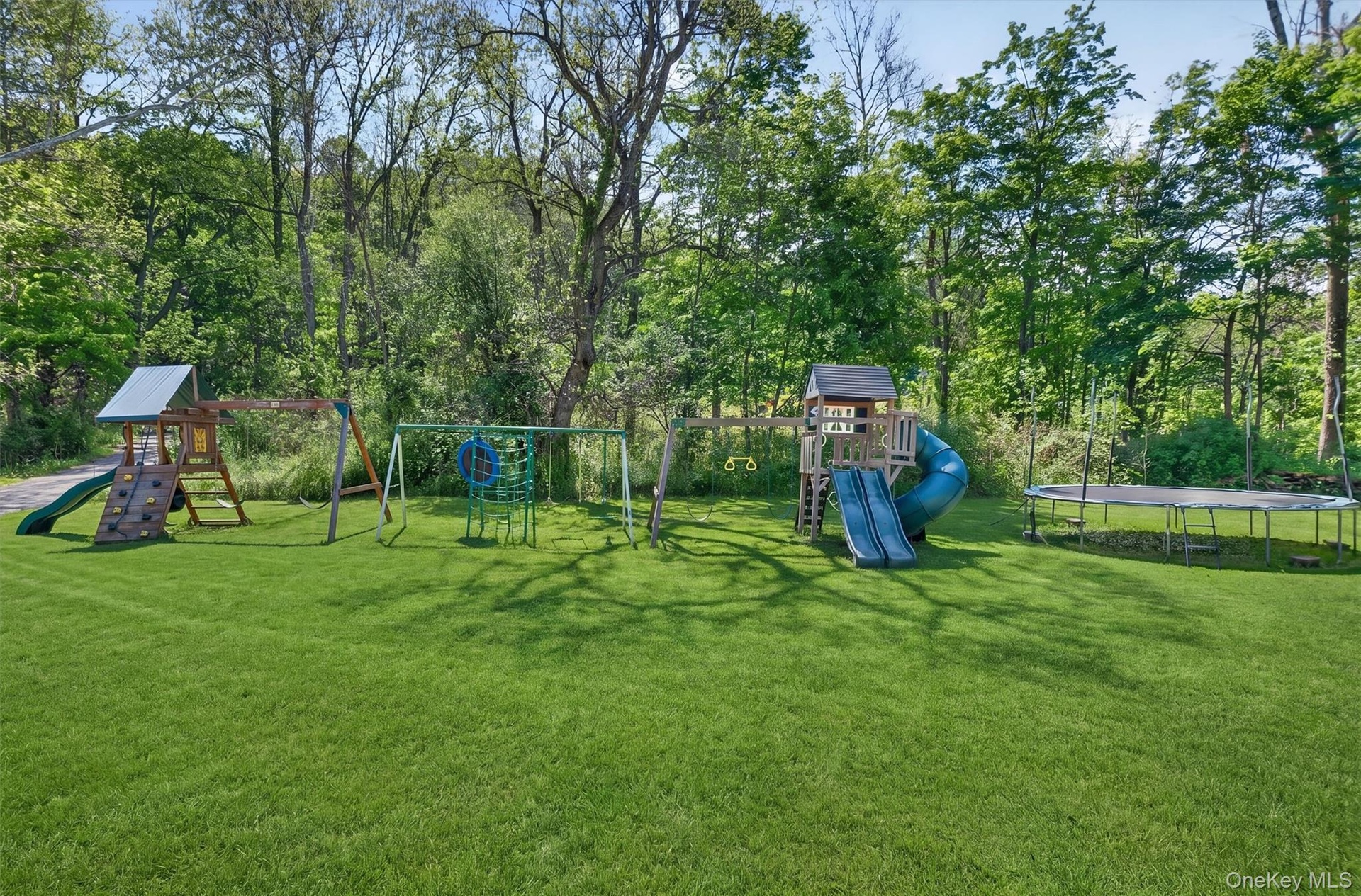 Expansive green lawn with mature trees and playsets