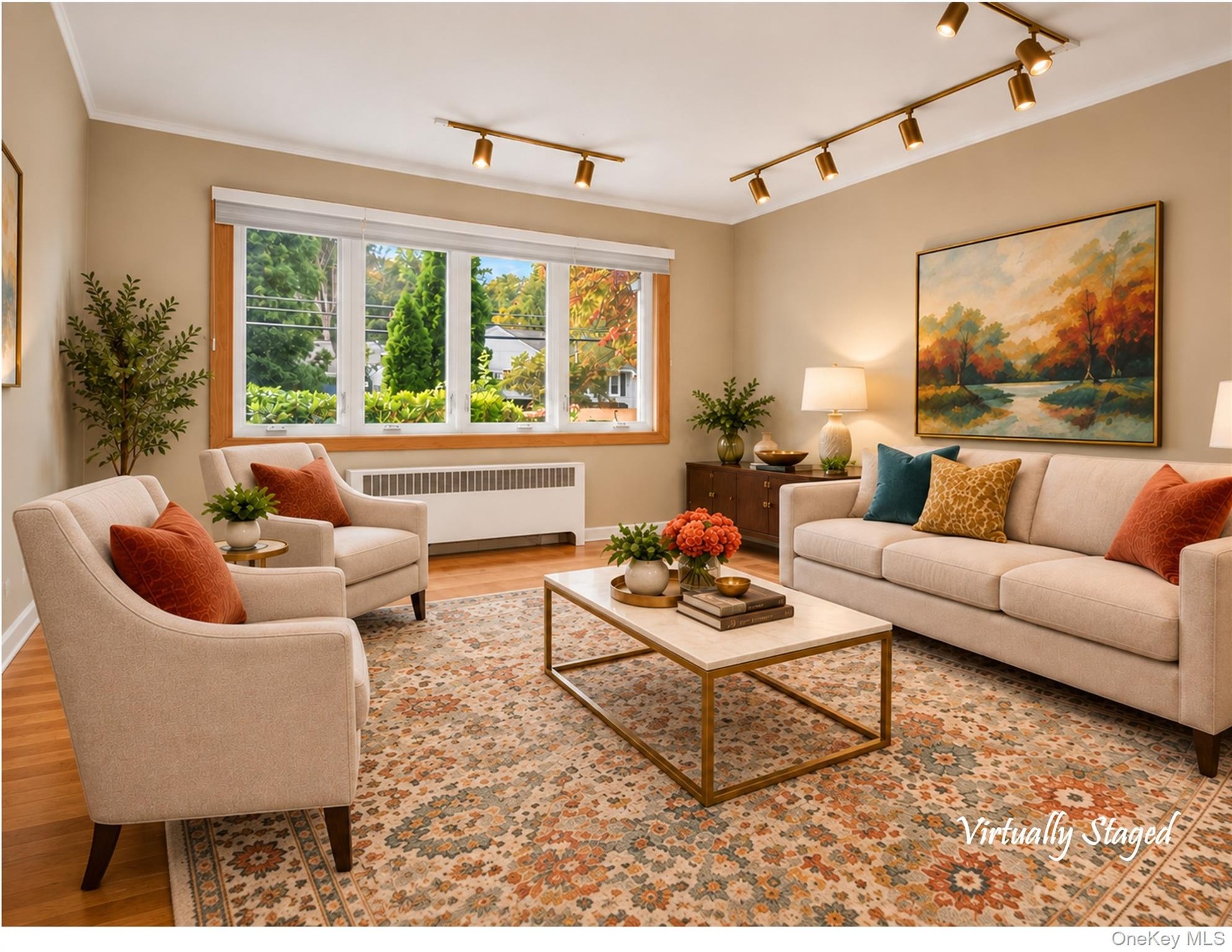 The sunken living room features a bow window and original oak floors under the carpeting.