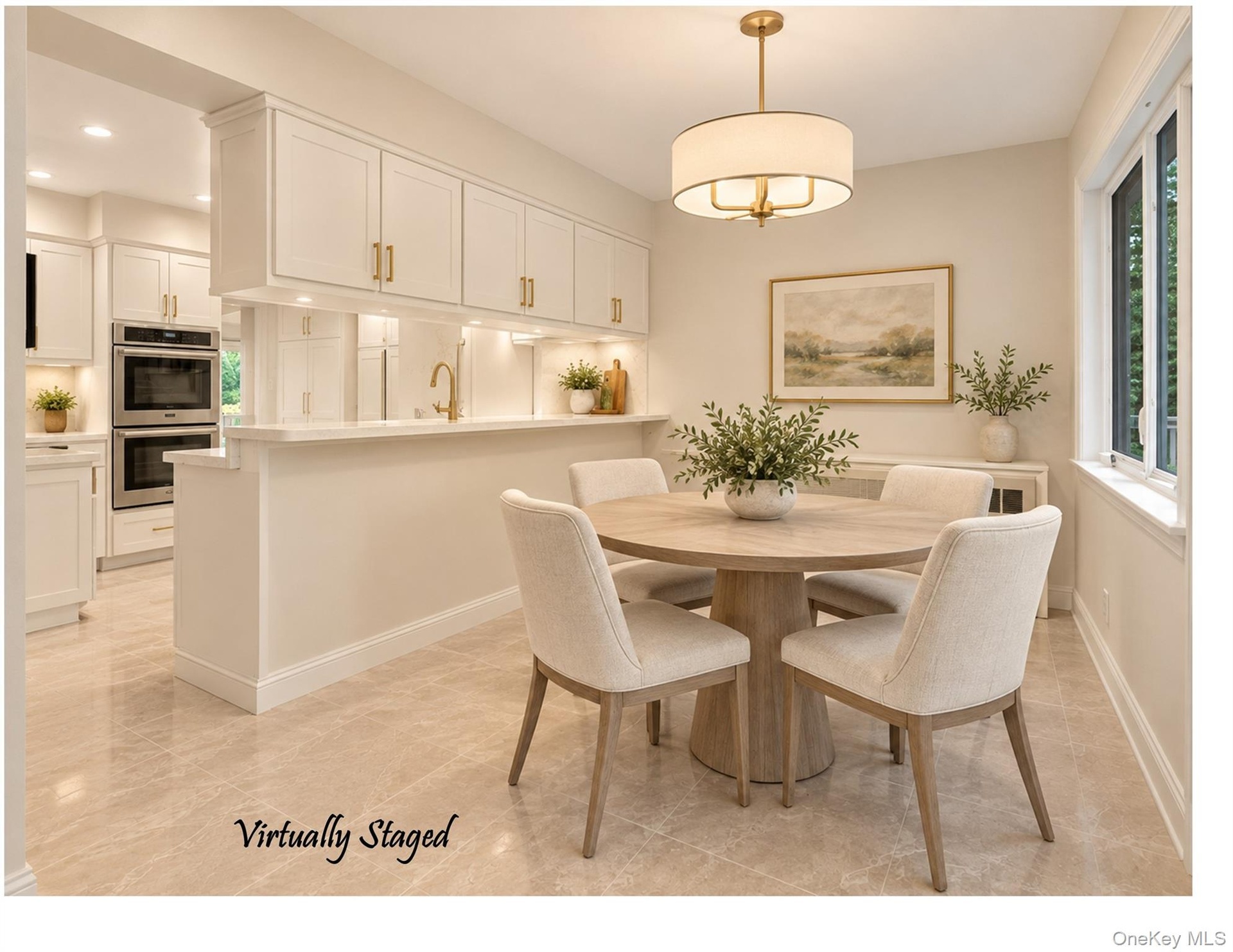 Just beyond the kitchen is a breakfast bar and room for a dinette seating area.