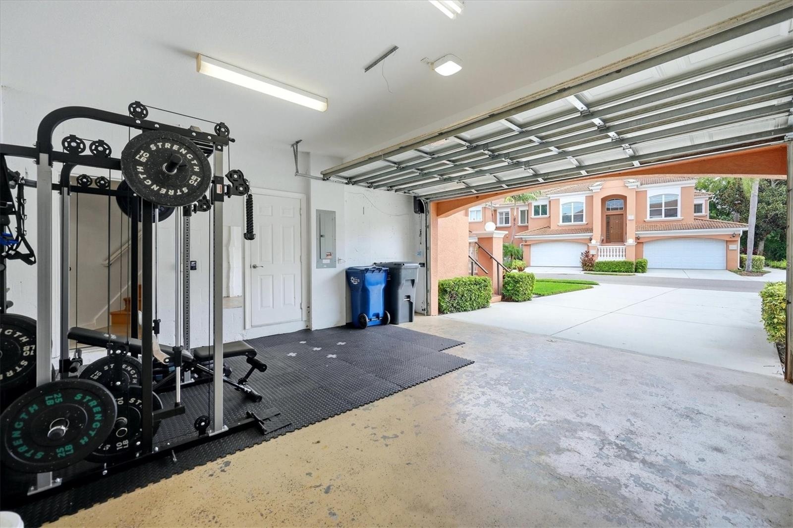 weight set in garage conveys