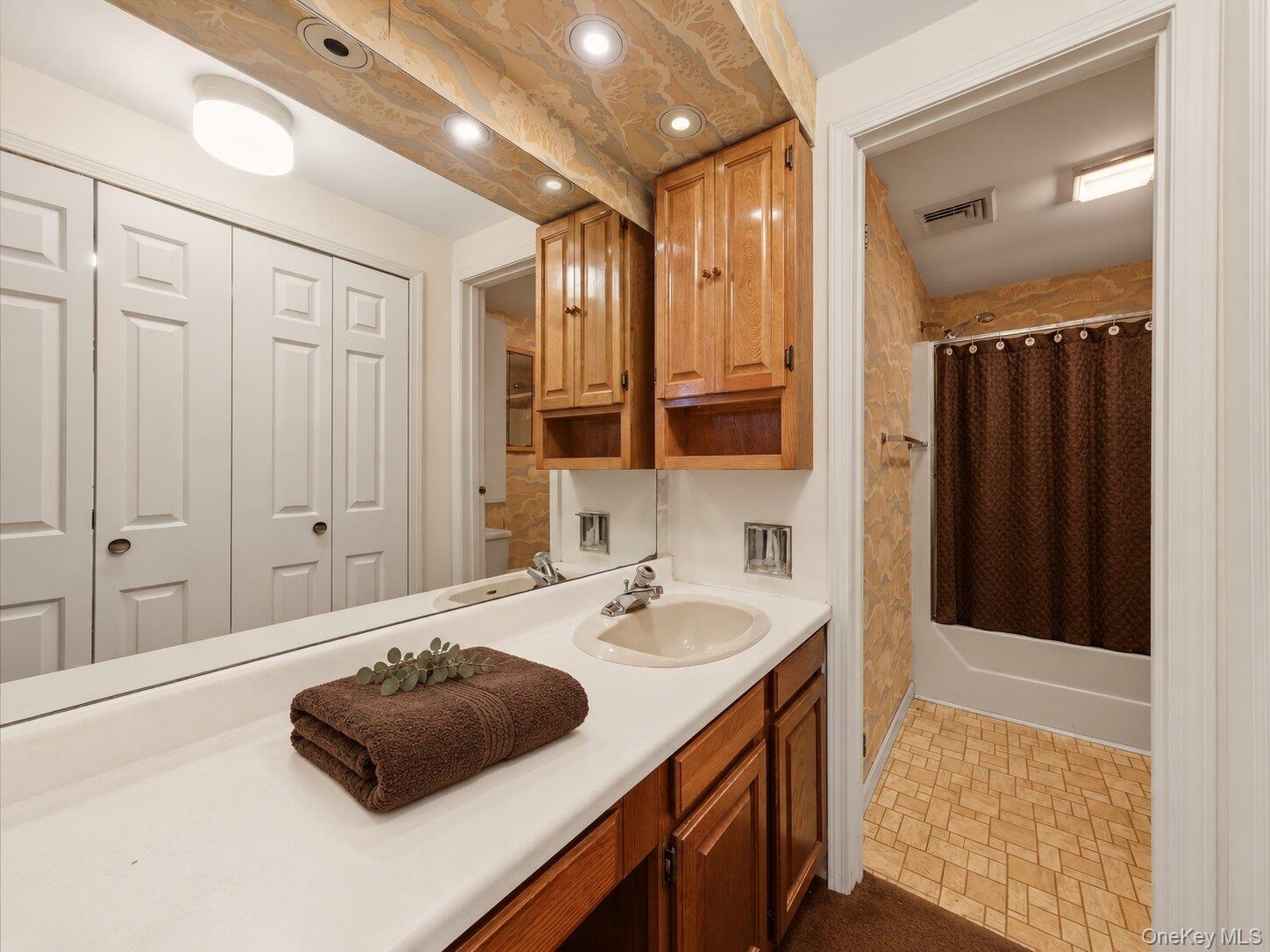 Primary bathroom highlighting the spacious vanity, storage, and tub/shower area.