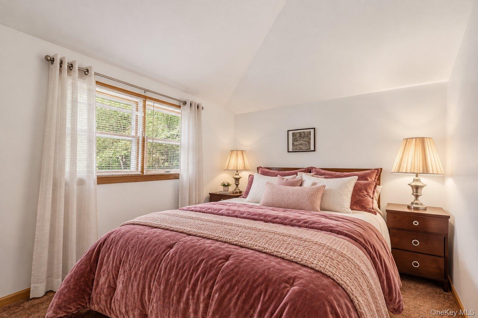 Virtually staged bedroom showcasing the room’s airy ceiling height, large window, and furniture placement potential.