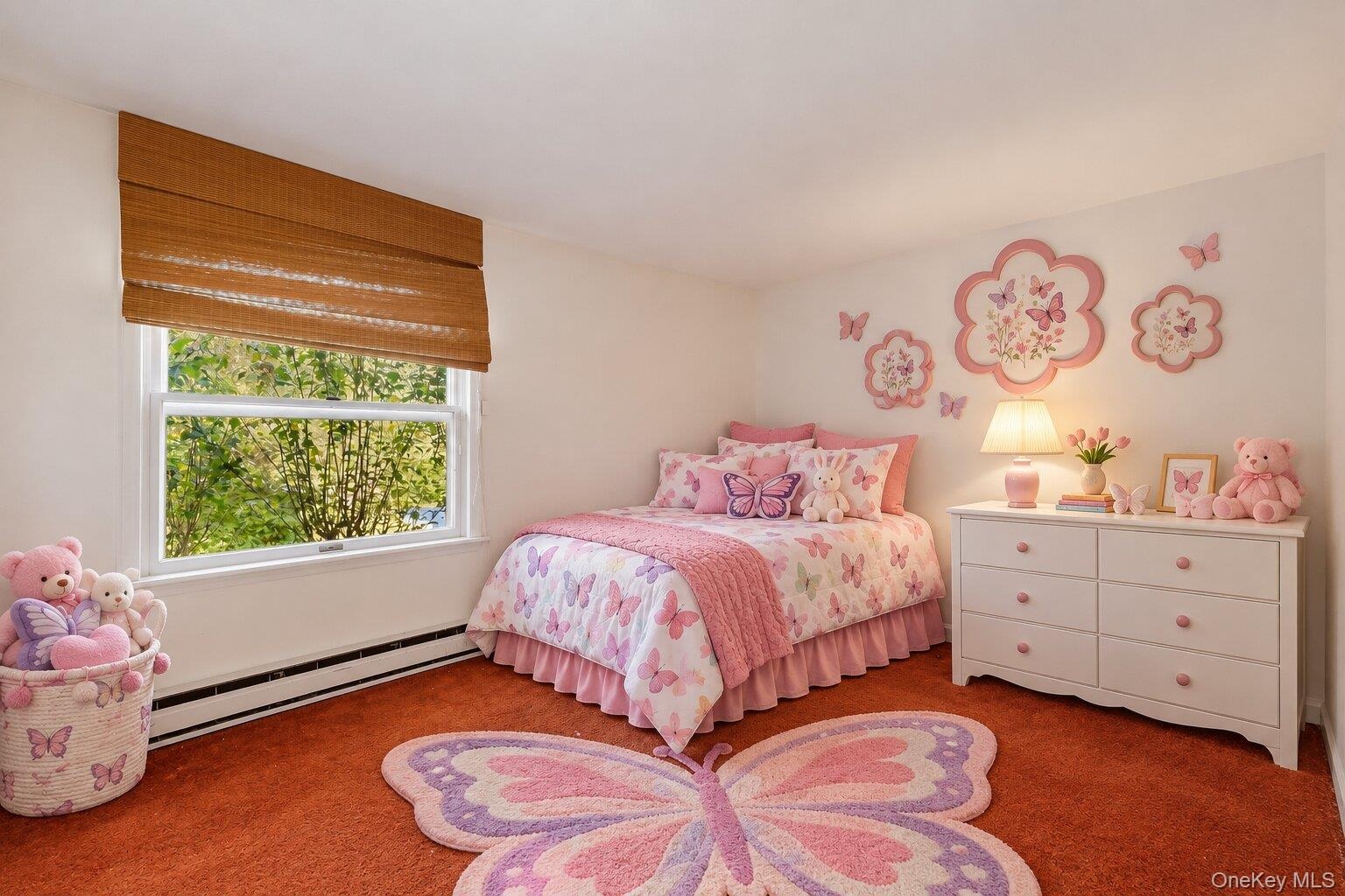 Virtually staged bedroom demonstrating a cheerful child-friendly layout while highlighting the room’s size and large window.