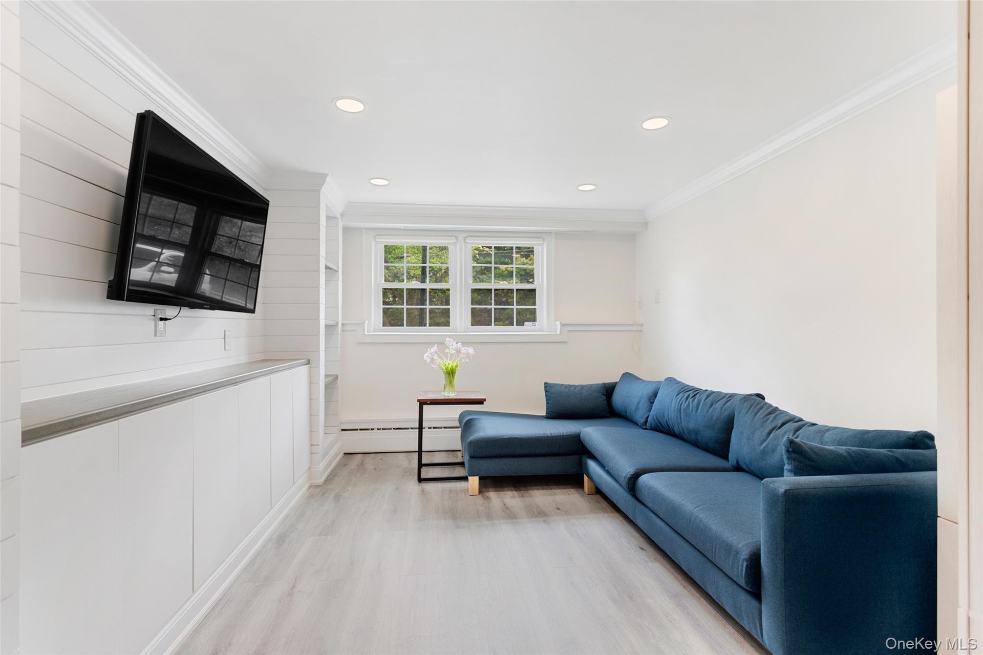 Finished den with shiplap accent wall and crown molding.