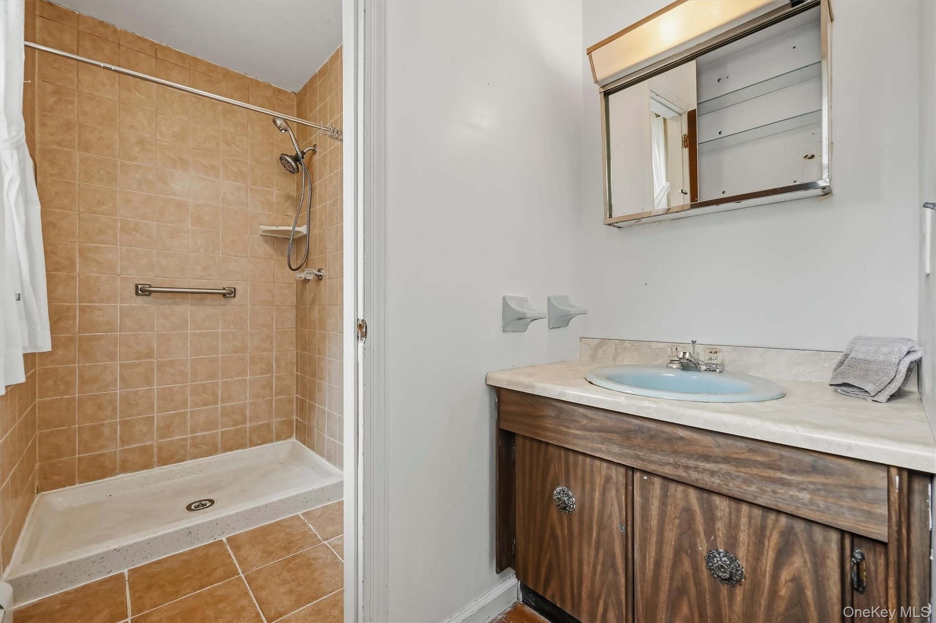Tiled primary bath with walk-in shower and separate sink