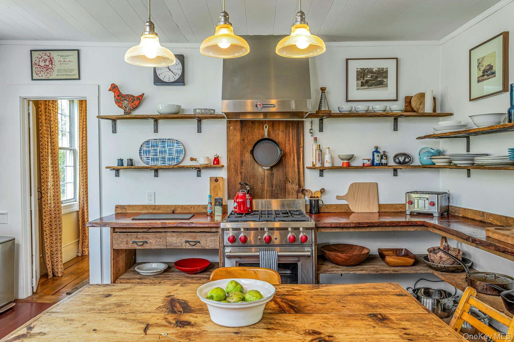 Rustic barnwood eat-in kitchen w/original  cooking fireplace and hearth. New appliances