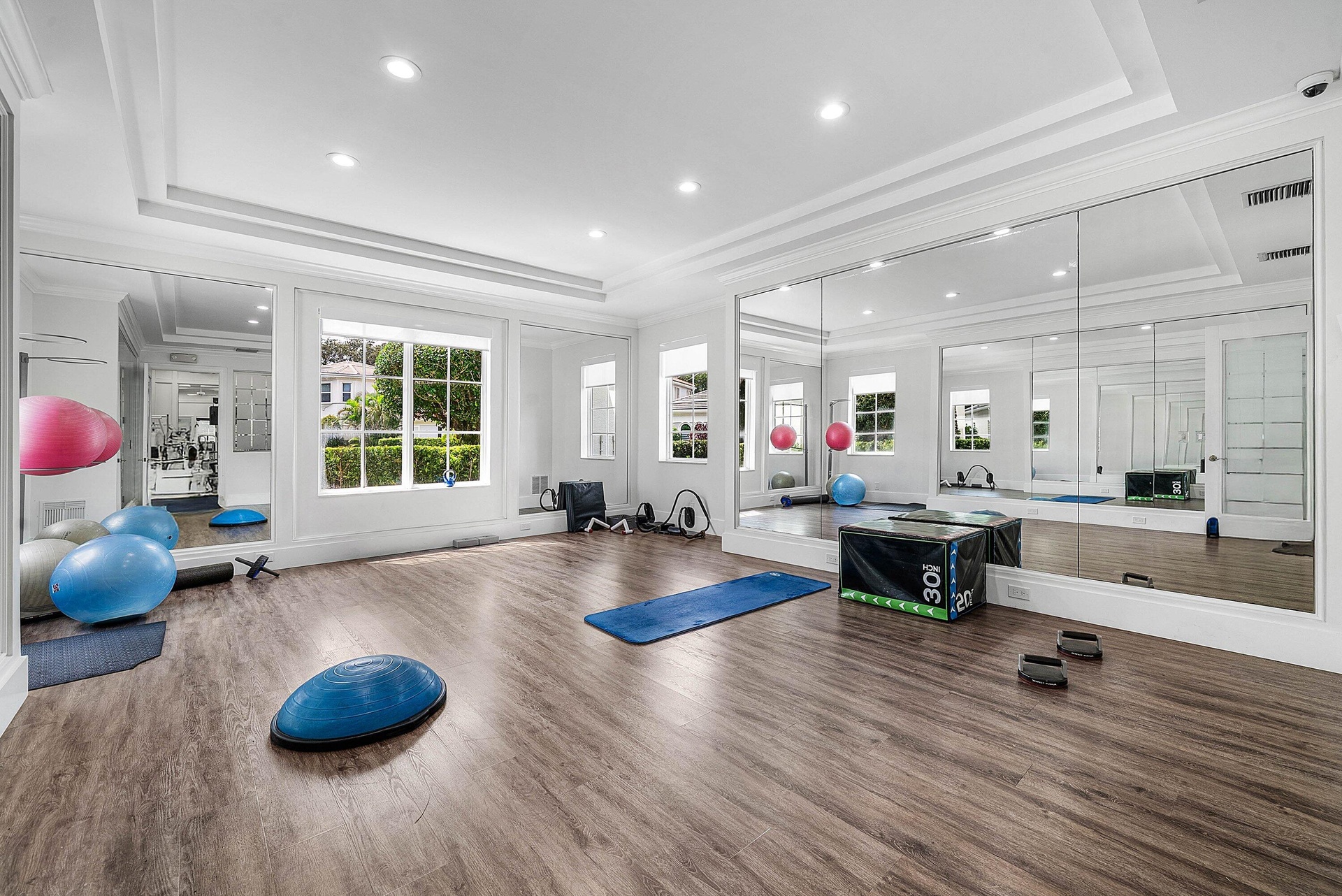 Spacious room featuring expansive mirrored wall, tray ceiling - invite your personal trainer