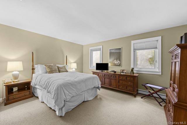 Wall-to-wall carpeting, dual windows with white trim, and neutral wall tones