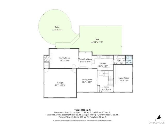 Shows expansive deck and patio