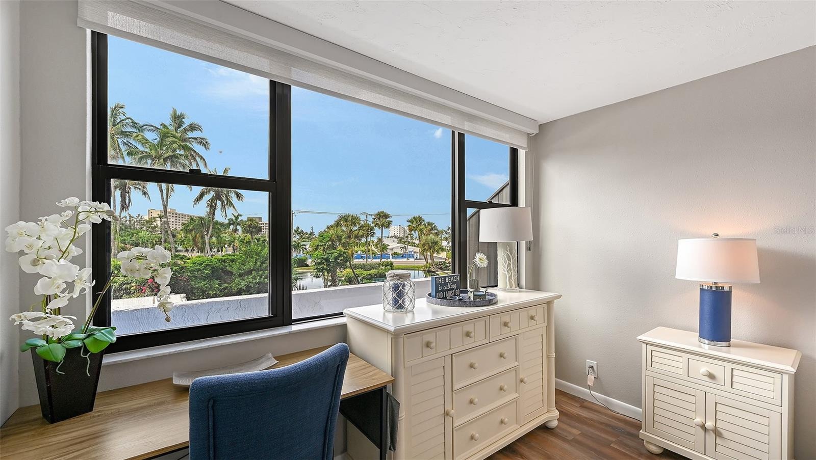 Desk area in primary bedroom, with view of Gulf