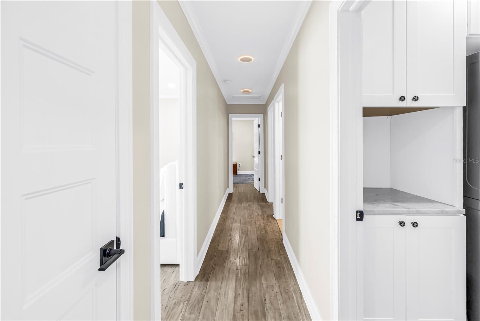 Low- Glow nightlight setting on recessed lighting in bedrooms and hallway. It lights from underneath for a glow that makes walking around at night saf