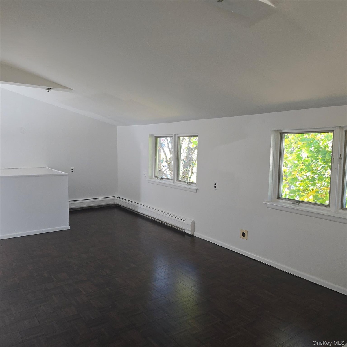 Spare room featuring a healthy amount of sunlight, a baseboard radiator, and lofted ceiling