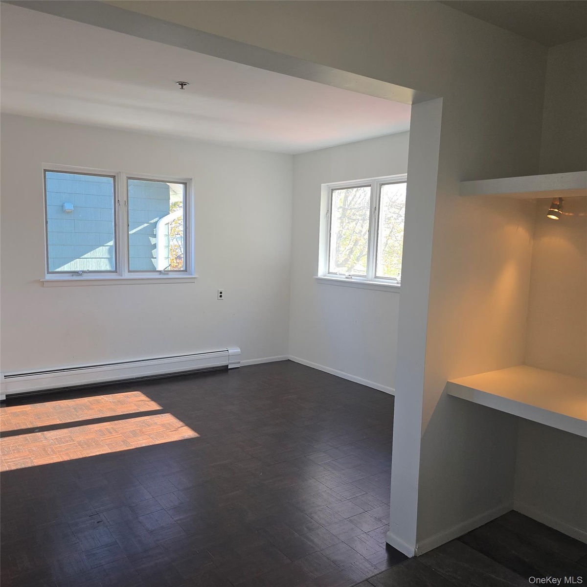 Unfurnished room featuring baseboard heating and dark hardwood / wood-style floors
