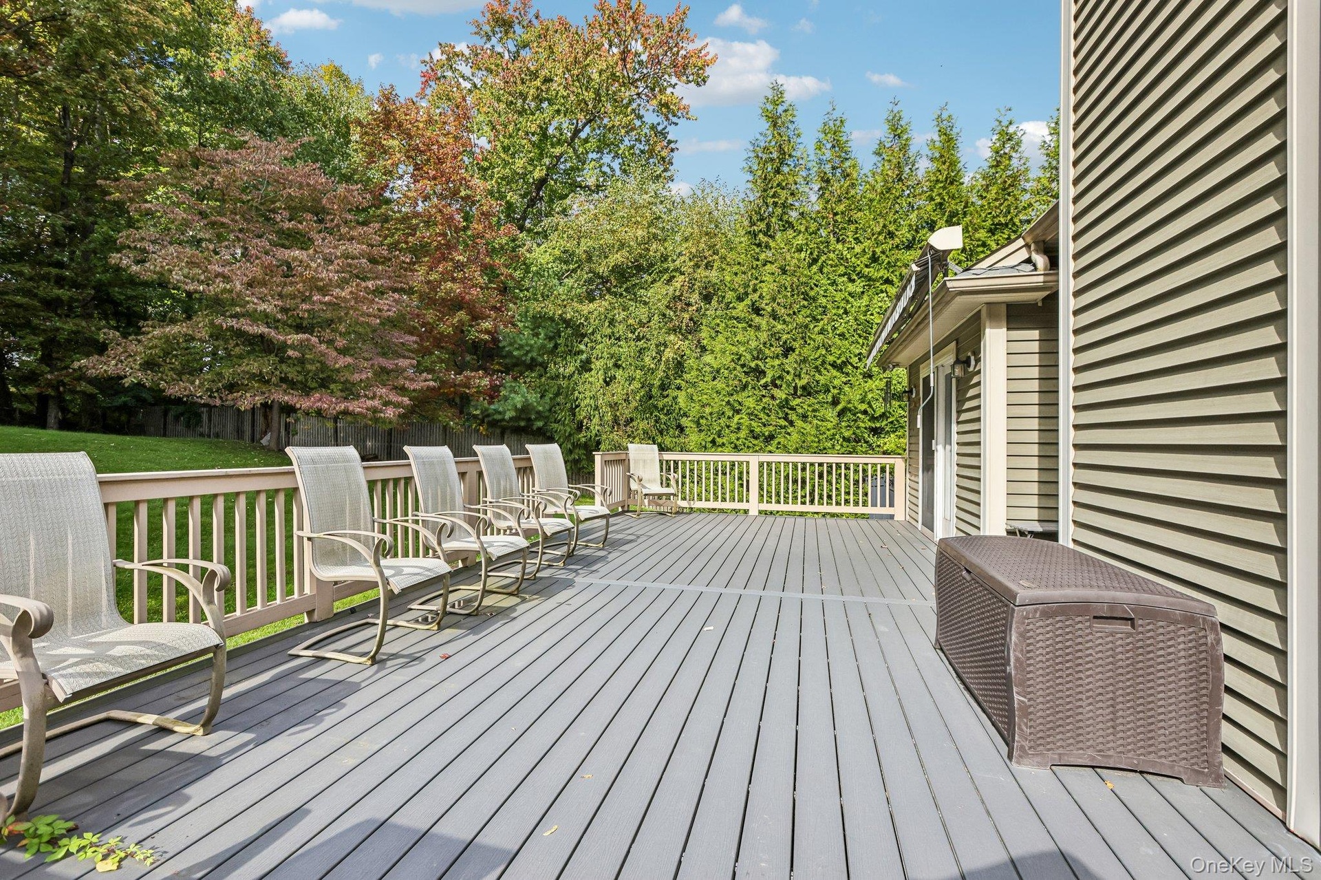 Expansive gray composite deck featuring a light-toned railing and exterior siding