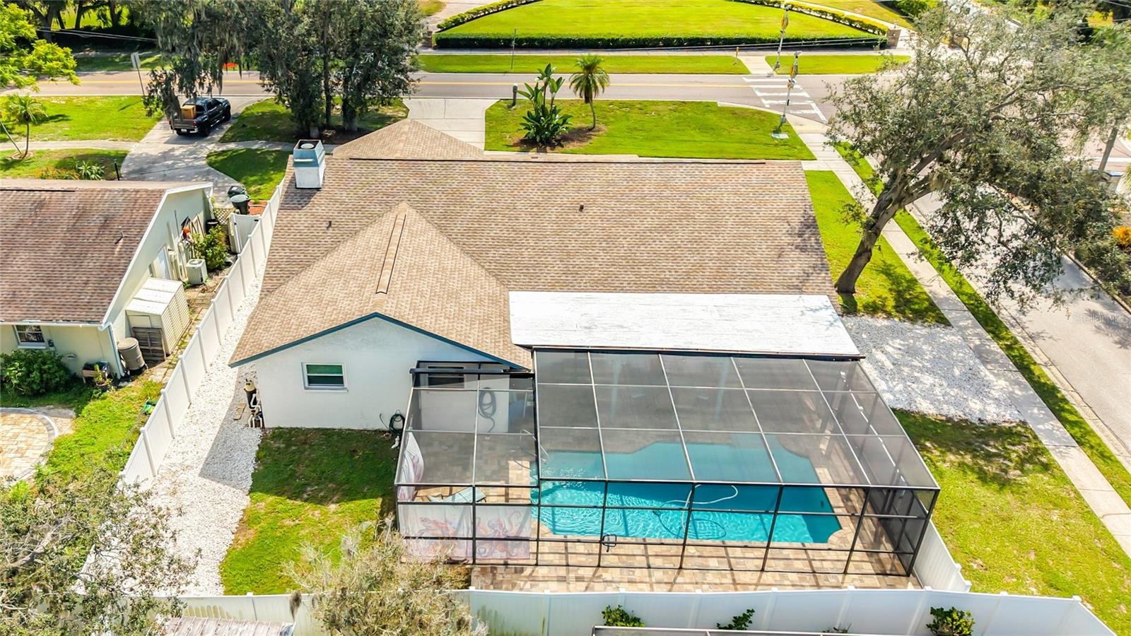 Aerial of Rear Yard, Outdoor Living Space, and Pool