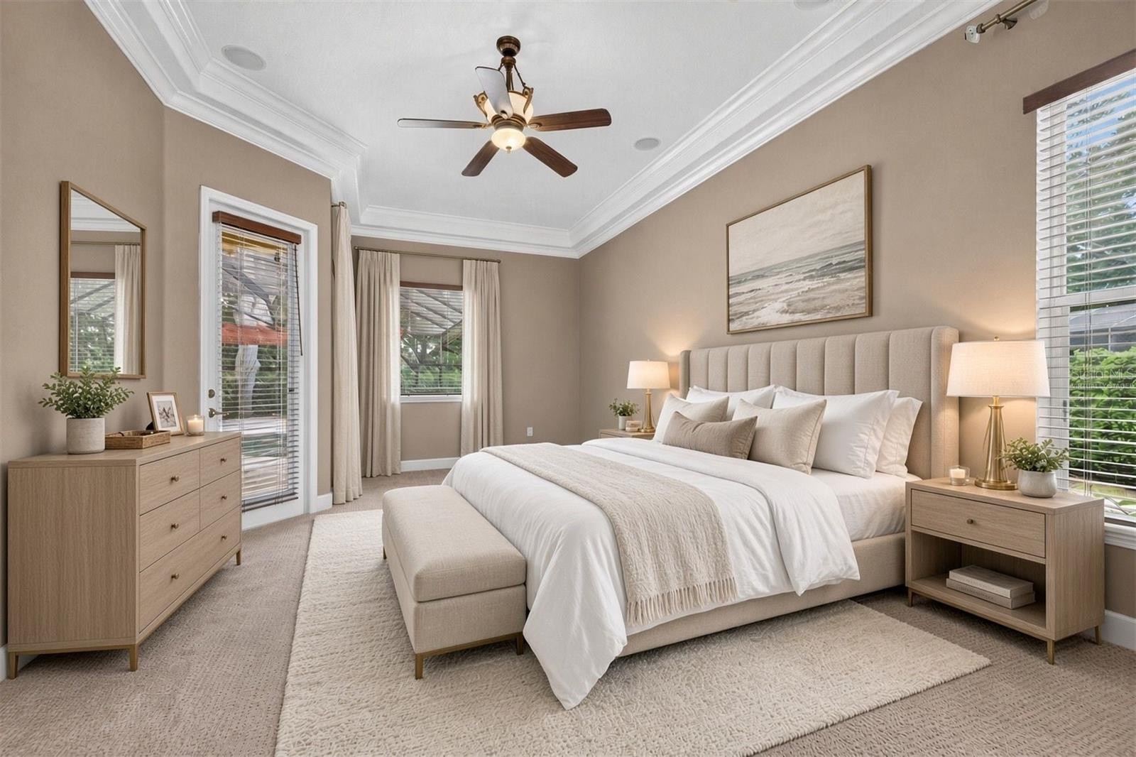 Virtually staged primary bedroom option 1