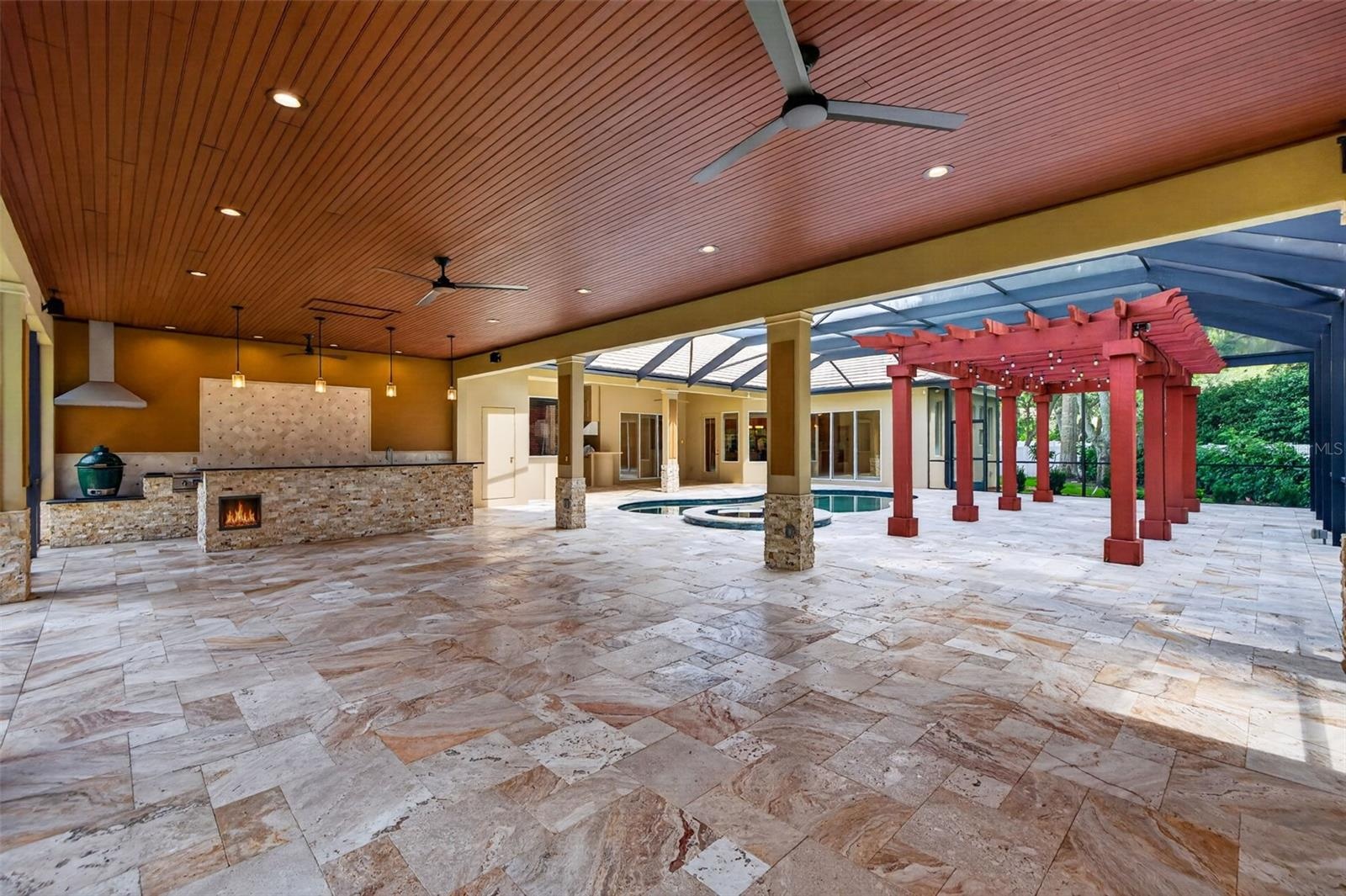 Travertine paved covered lanai