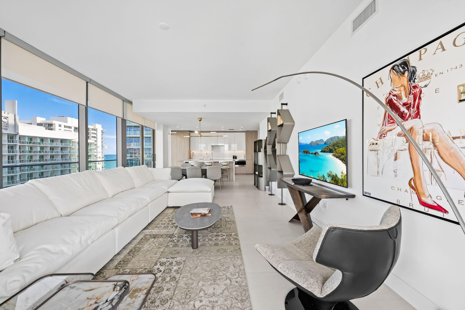 Living Area, Dining Area, and Kitchen