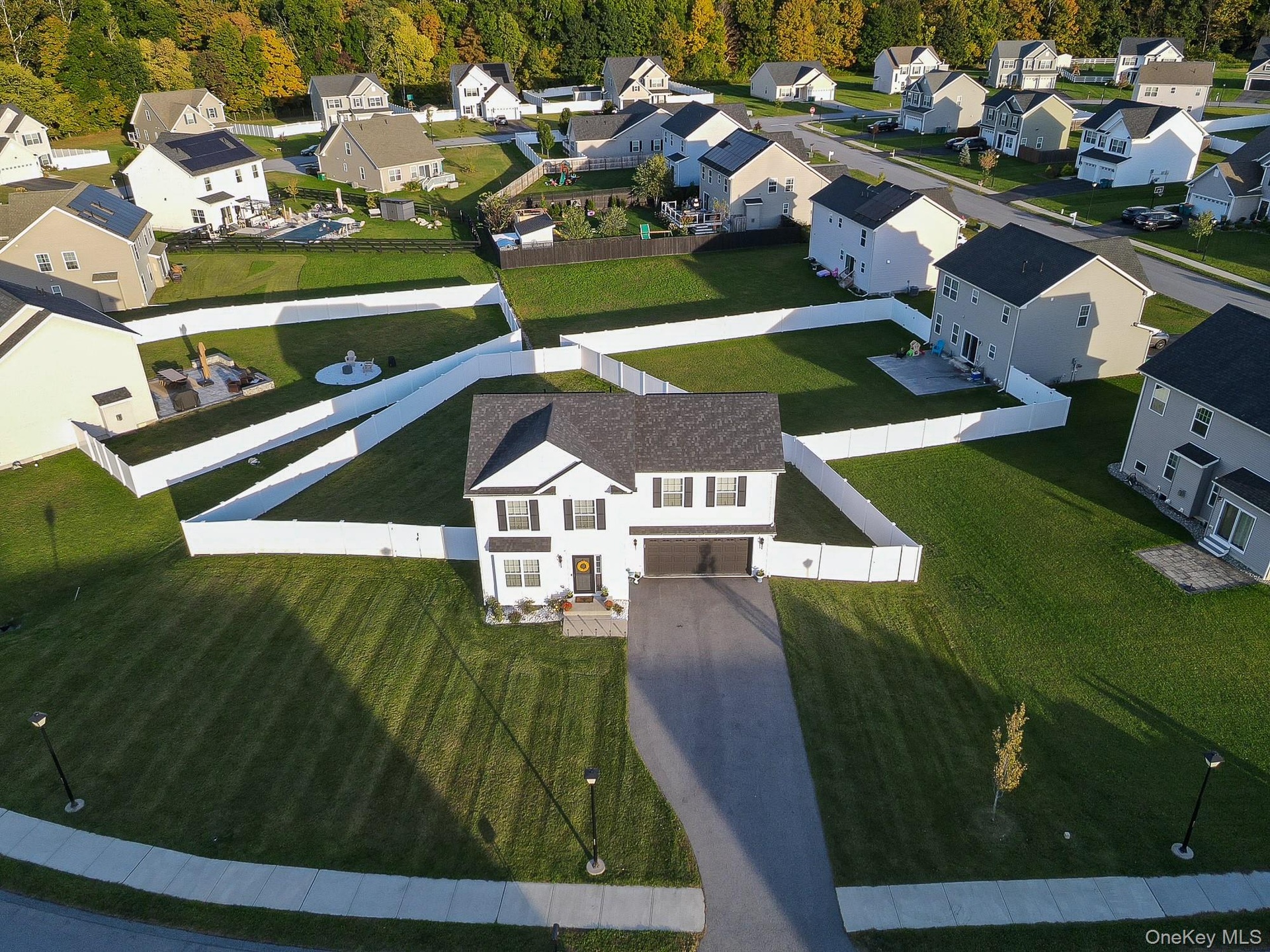 Two-story residence with a dark gray roof, a two-car garage, and a paved driveway