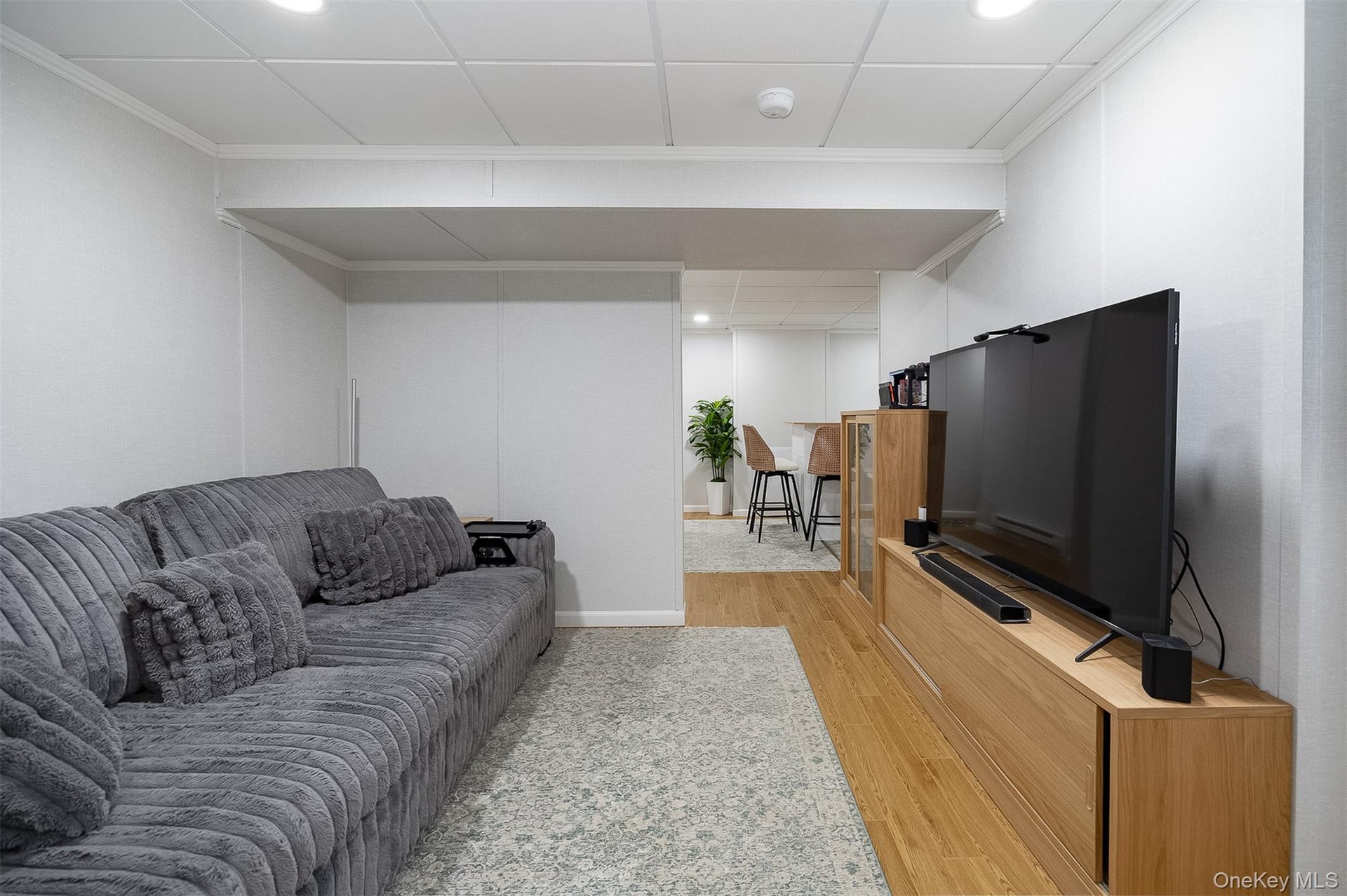 Recessed lighting illuminates the space, featuring vinyl plank flooring and a dropped ceiling