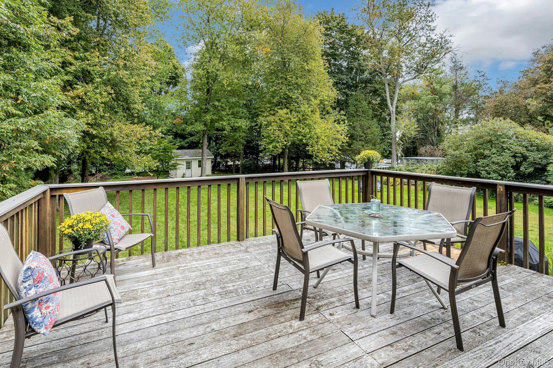 Deck overlooking pretty yard