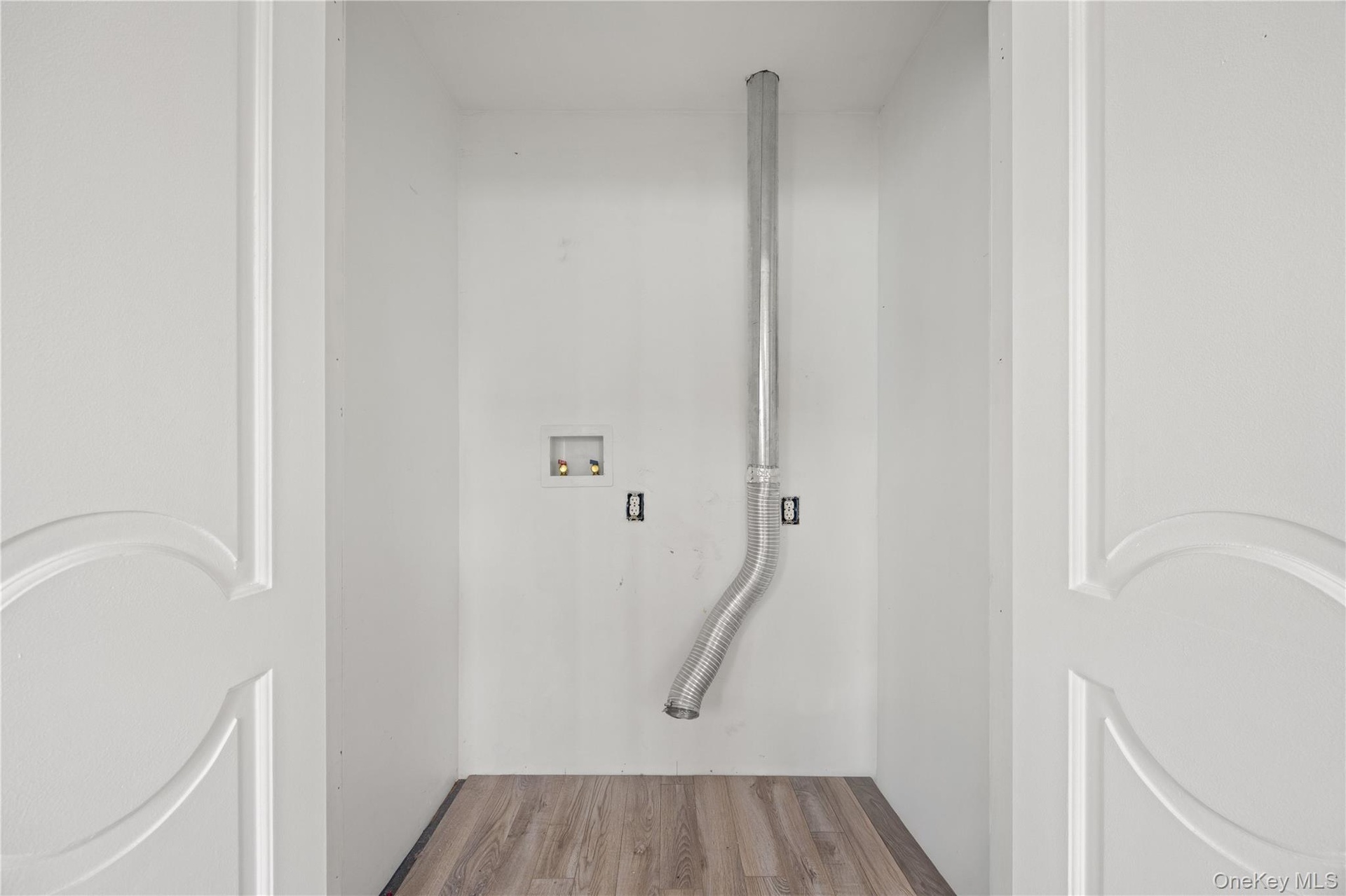 Laundry area with wood-finish flooring and white paneled doors